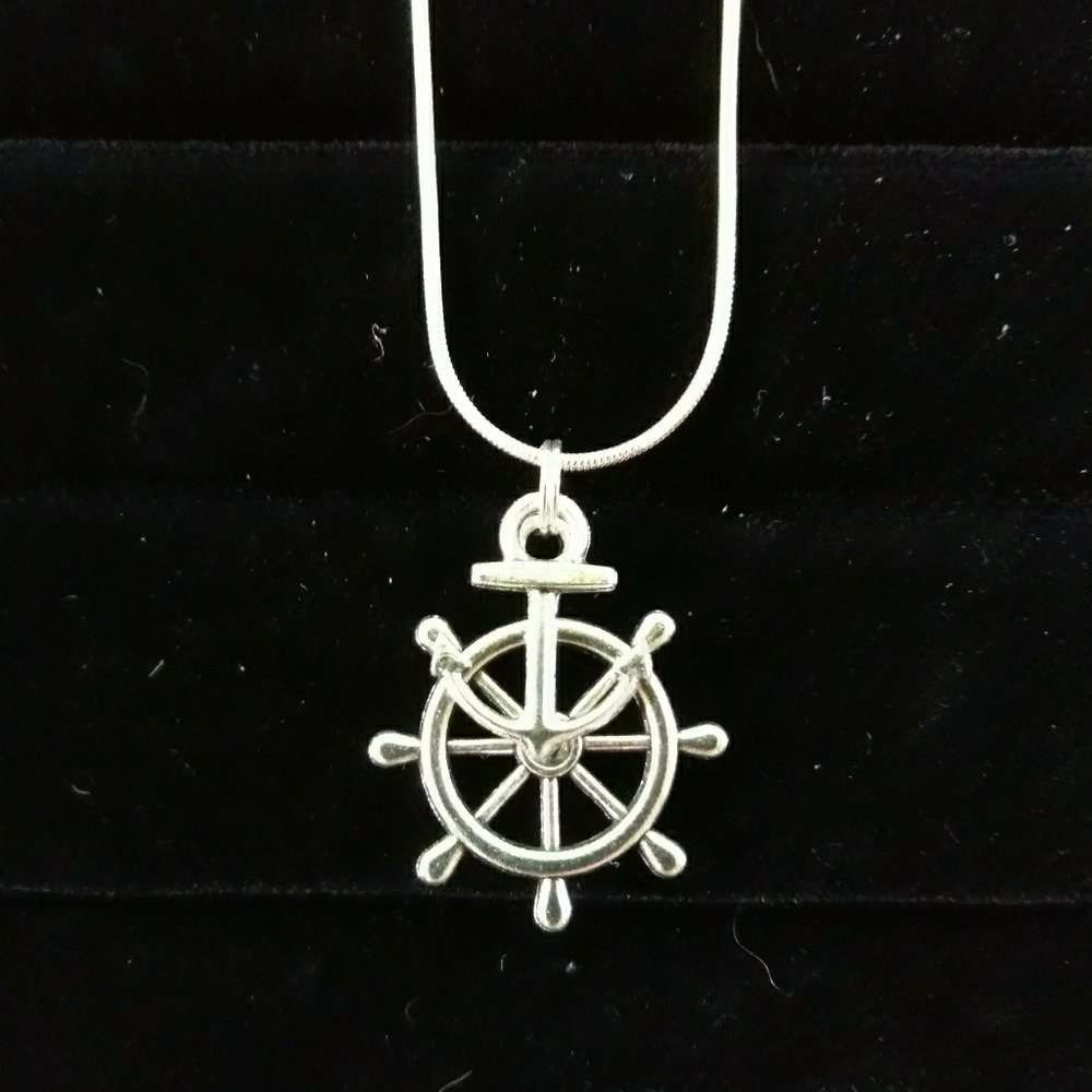 New large ships wheel and anchor charm necklace